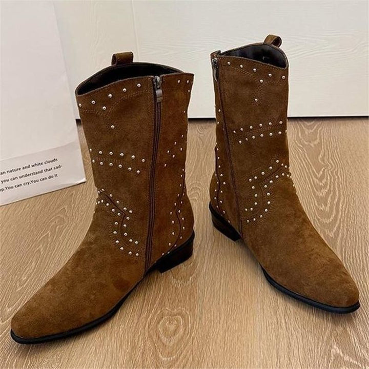 Damen Western-Ankleboots aus Veloursleder mit Nietenbesatz und seitlichem Reißverschluss – Varelle