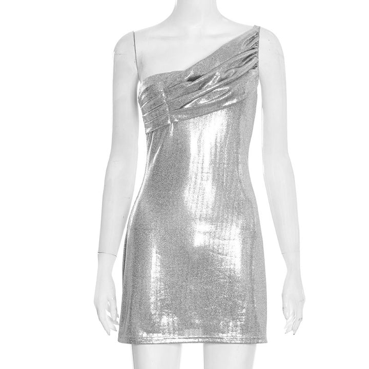Damen schimmerndes Mini-Etuikleid mit asymmetrischen Trägern und elegantem Drapierungsdetail Echo Archiv