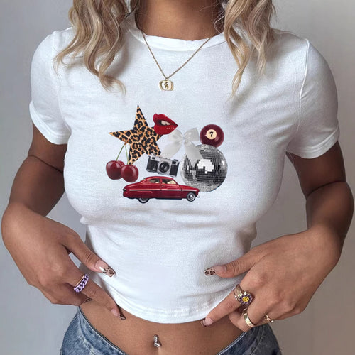 Damen T-Shirt mit kreativem mehrfarbigem Grafikdruck Echo Archiv