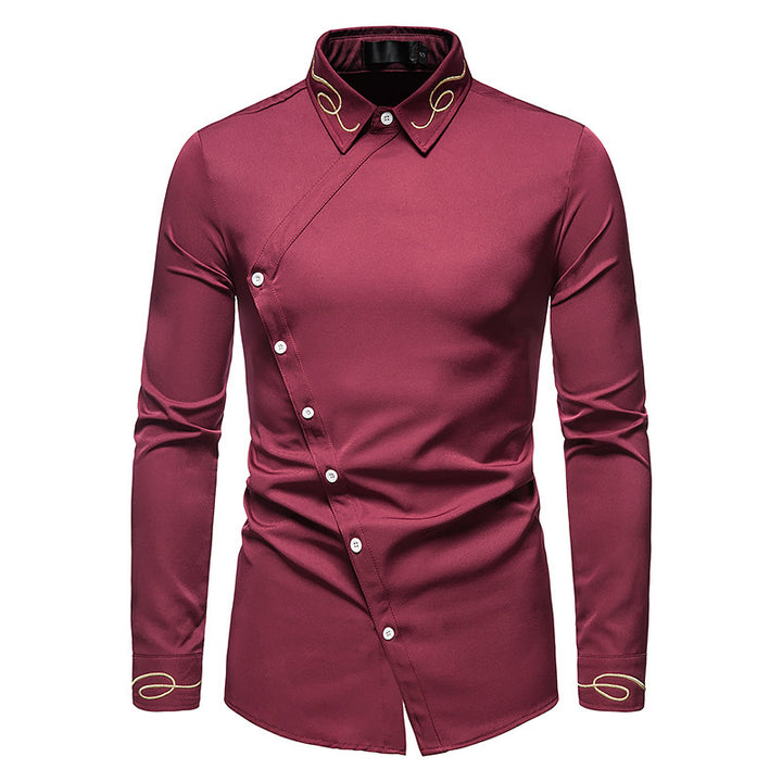 Herren Elegantes Langarmhemd mit asymmetrischem Knopfdesign und gesticktem Kragen Echoarchiv
