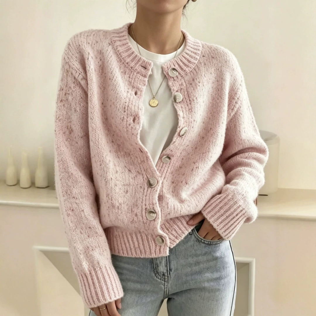 Damen Grobgestrickter Kurzcardigan mit Rundhalsausschnitt und meliertem Tweed-Effekt – Veloura