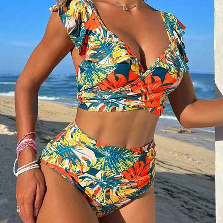 Damen Hoch-tailliertes Badebikini mit verspielten Rüschendetails Echo Archiv