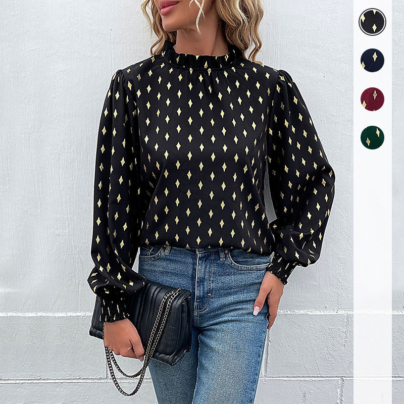 Damen Elegante Rüschen-Stehkragen-Bluse mit Puffärmeln und Smokbündchen Echoarchiv