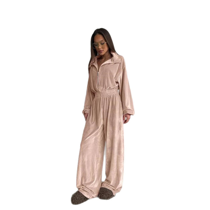 Damen Samt-Jumpsuit mit weitem Bein, elastischer Taillenpartie und Stehkragen – Solévia