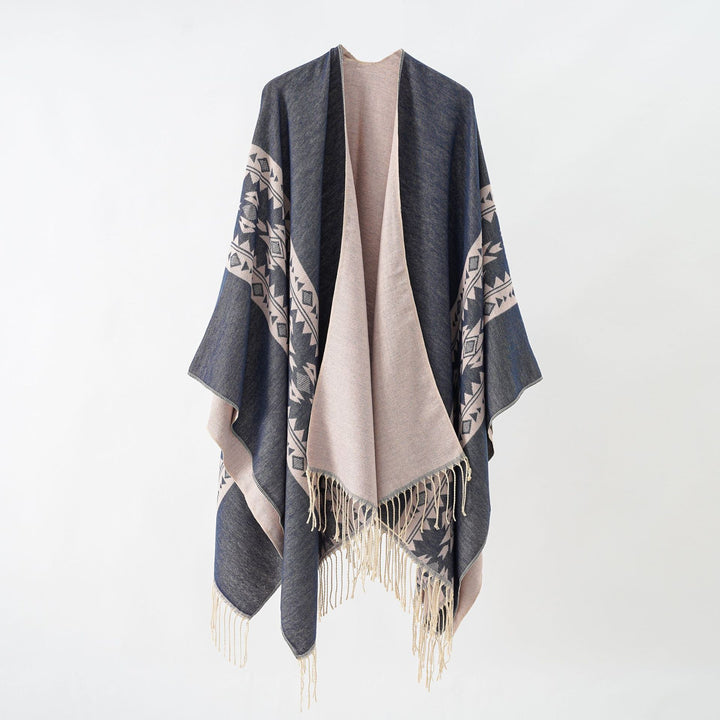 Damen Kaschmir‑Optik Überwurfponcho mit geometrischer Bordüren‑Jacquard und Fransen Echo Archiv