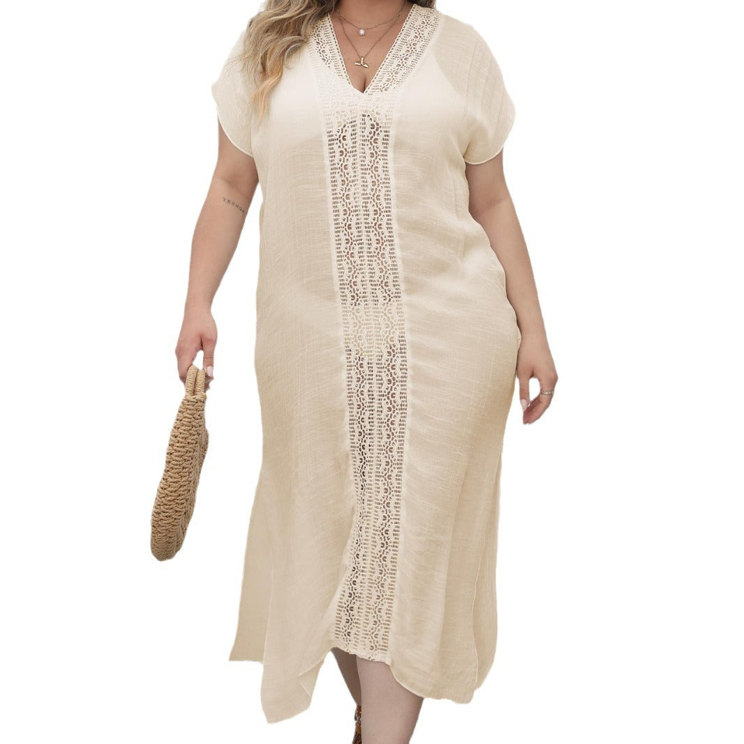 Damen eleganter Maxi-Kaftan mit großzügigem V-Ausschnitt und filigranen Häkelakzenten Echo Archiv