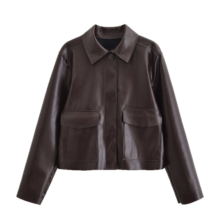 Damen Kurze Boxy-Lederoptikjacke mit Pattentaschen und Hemdkragen Echo Archiv