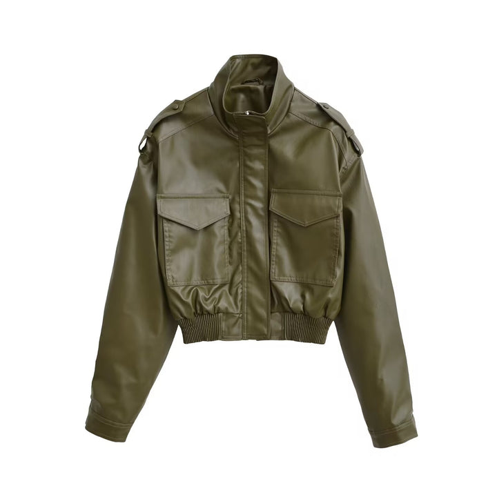 Damen Kurze PU-Leder-Bomberjacke mit hohem Stehkragen, Pattentaschen und Schulterklappen Echo Archiv