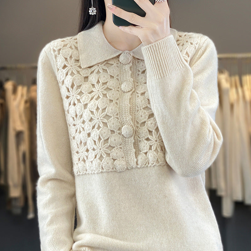 Damen Strickpullover mit gehäkelter Ajour‑Blende und Polokragen Echoarchiv