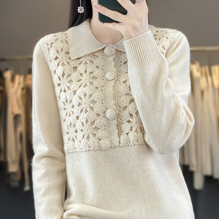 Damen Strickpullover mit gehäkelter Ajour‑Blende und Polokragen Echoarchiv