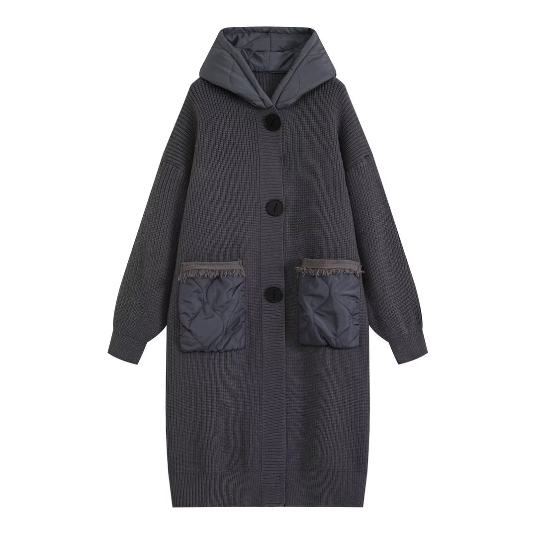 Damen Longline Grobstrickmantel mit gesteppter Kapuze und übergroßen Fronttaschen Echo Archiv
