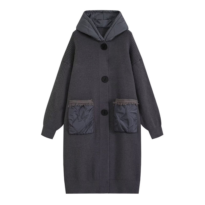 Damen Longline Grobstrickmantel mit gesteppter Kapuze und übergroßen Fronttaschen Echo Archiv