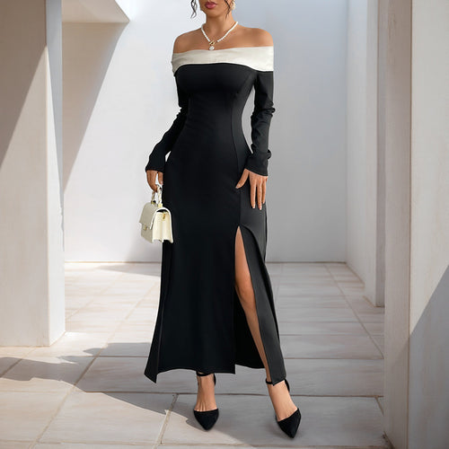 Damen Schulterfreies Maxikleid mit langen Ärmeln, hohen Seitenschlitzen und Umschlagkragen Echoarchiv