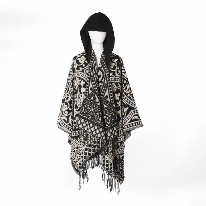 Damen Kapuzen-Ruana aus Wollmix mit Ornament-Jacquard und Fransen – Avérine