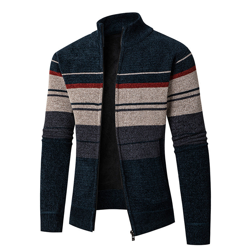 Herren modische Strickjacke mit kontrastierenden Streifen und hochabschließendem Kragen Echoarchiv