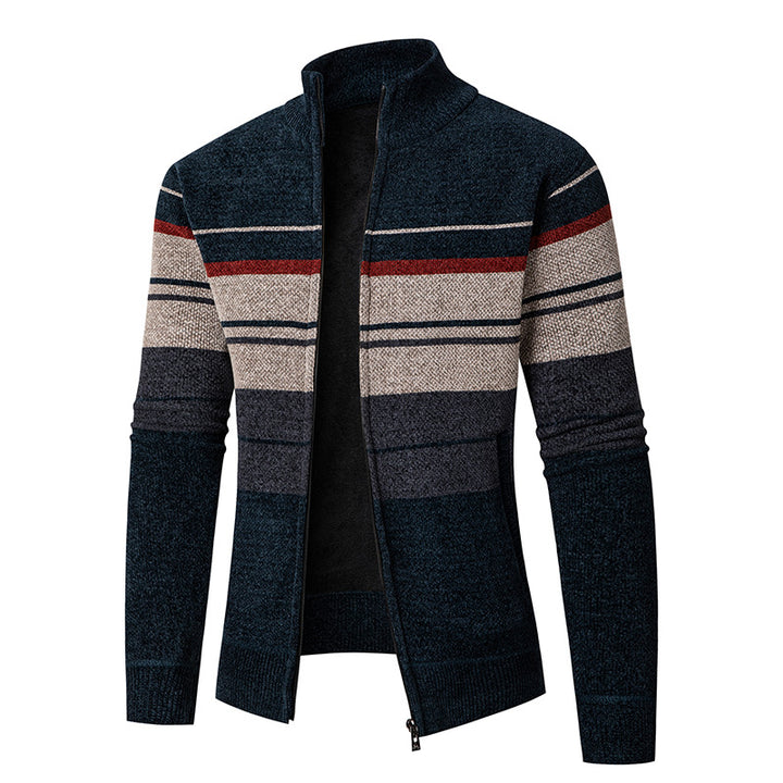 Herren modische Strickjacke mit kontrastierenden Streifen und hochabschließendem Kragen Echoarchiv