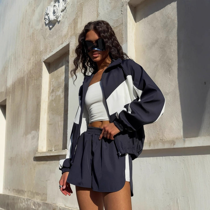 Damen nan lässiges Athleisure-Set mit windabweisender Kurzjacke, Stehkragen und elastischen Highwaist-Shorts Echo Archiv