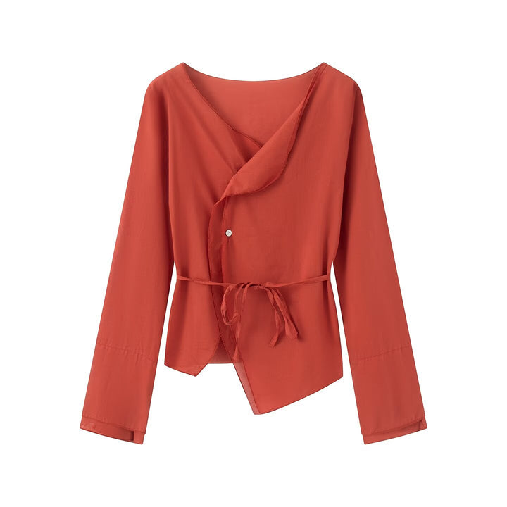 Damen Wickelbluse mit asymmetrischer Vorderseite, V‑Ausschnitt und Bindegürtel Echo Archiv