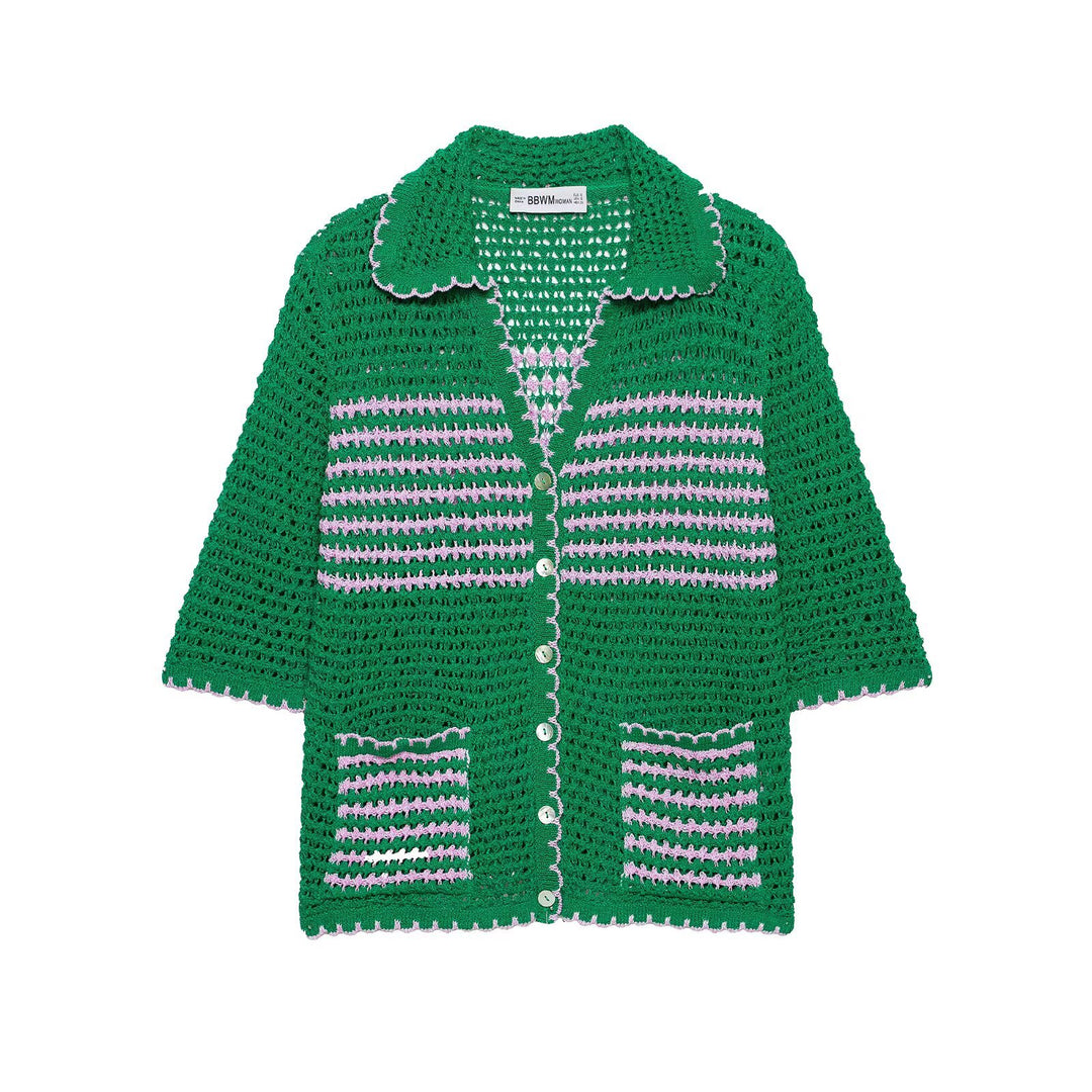 Damen Häkelstrickjacke mit kurzem Arm, Knopfleiste und Vintage-Kragen Echo Archiv