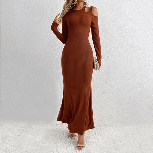 Damen geripptes Meerjungfrauen-Maxikleid mit Cold-Shoulder Cutouts, sculptender Passform und ausgestelltem Saum – Valéora