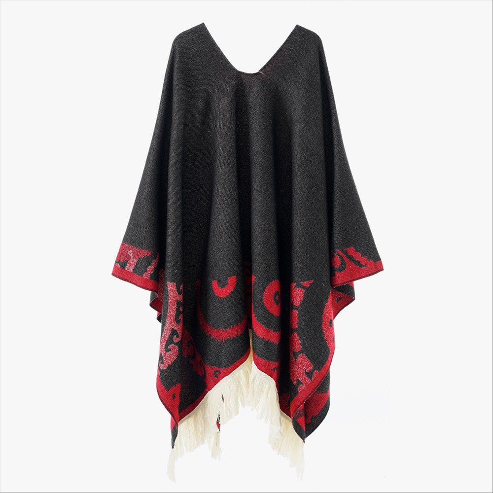 Damen Ornamentaler Jacquard‑Poncho mit V‑Ausschnitt und Fransensaum Echo Archiv