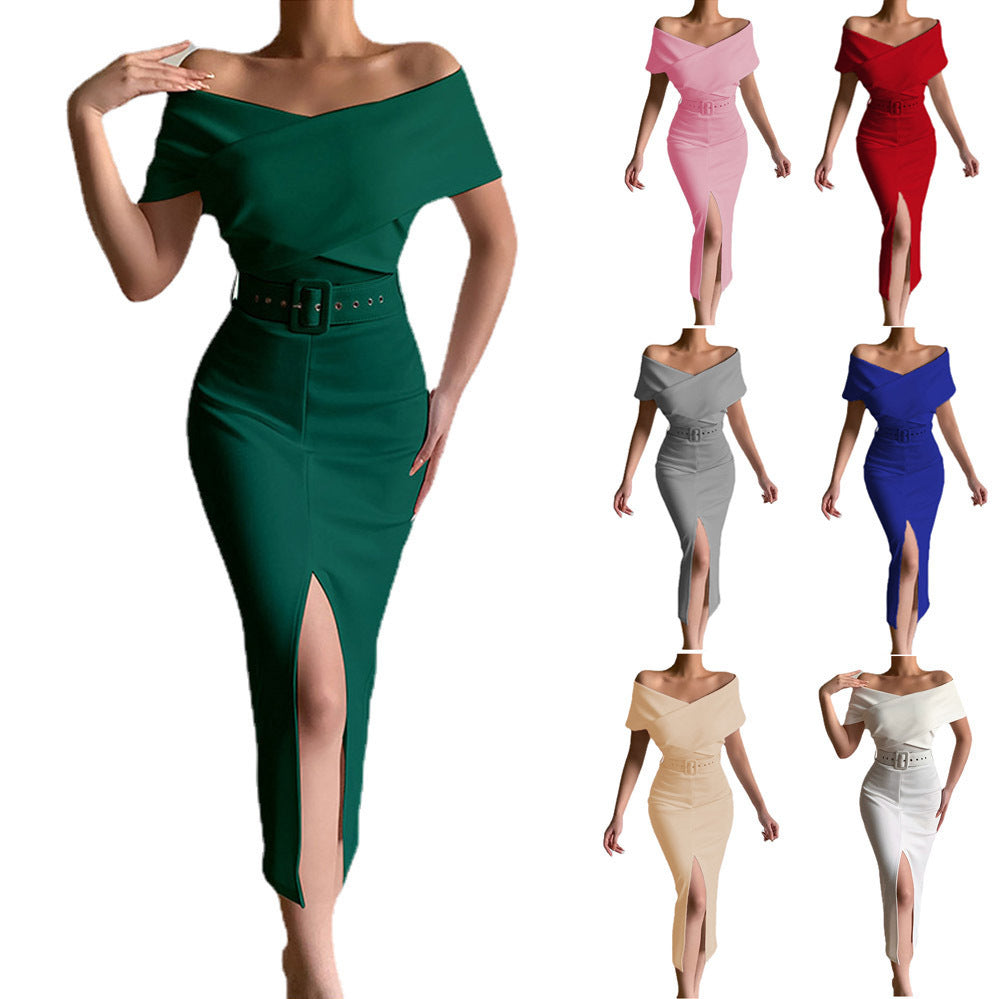 Damen Off-Shoulder Maxikleid mit Taillengürtel und seitlichem Schlitz Echo Archiv