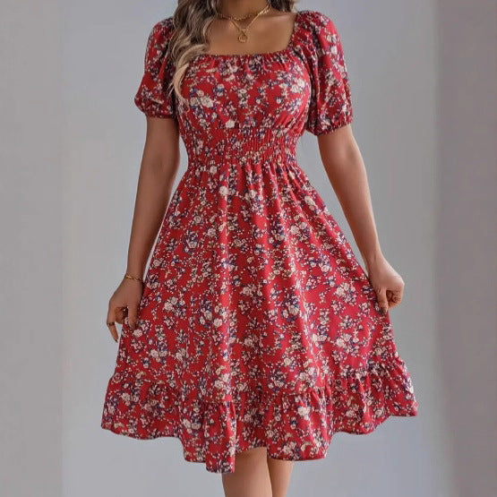 Damen sommerliches Blumenkleid mit Puffärmeln und Rüschensaum Echo Archiv