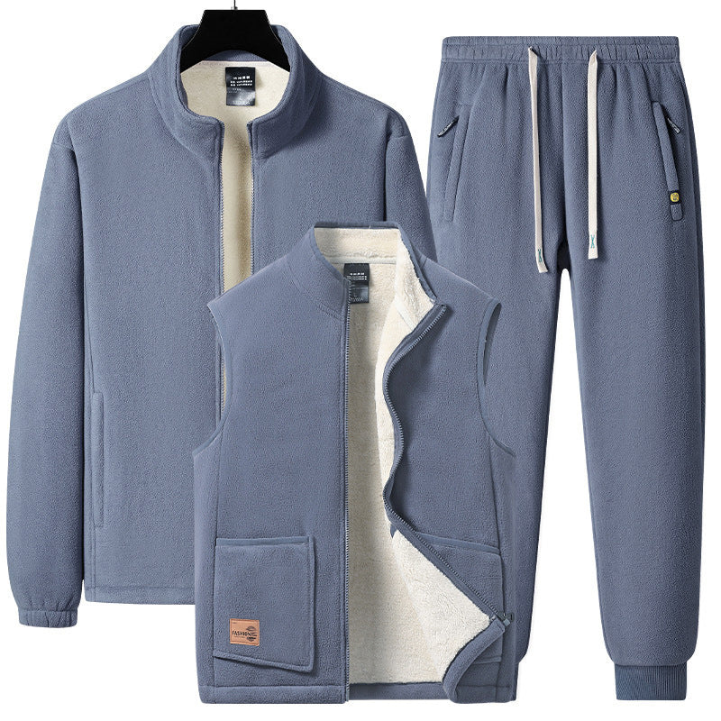 Herren dreiteiliges Fleece-Set mit wattierter Weste, Stehkragenjacke und Jogginghose – Marzano