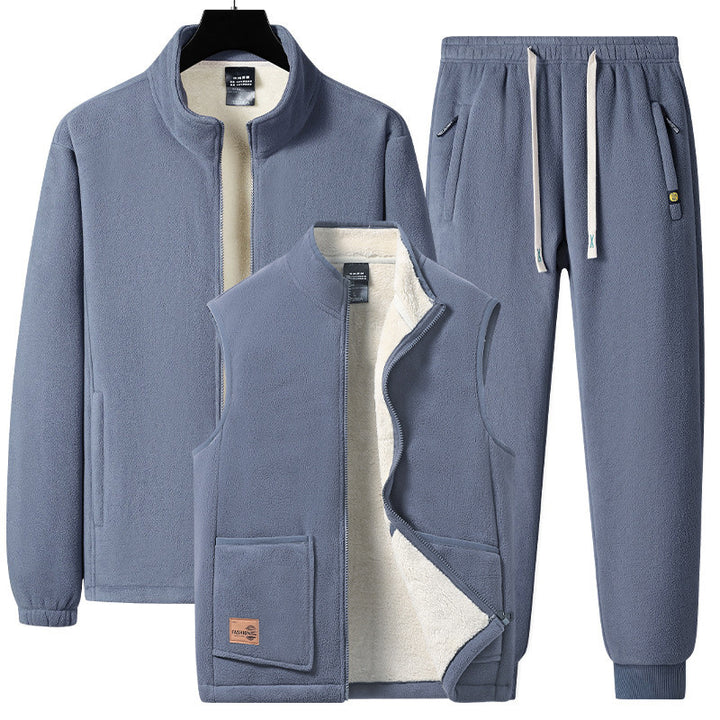 Herren dreiteiliges Fleece-Set mit wattierter Weste, Stehkragenjacke und Jogginghose – Marzano