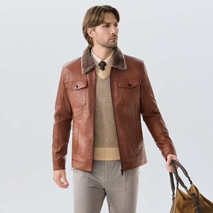 Herren Elegante Lederjacke mit Fleece-Kragen Echoarchiv