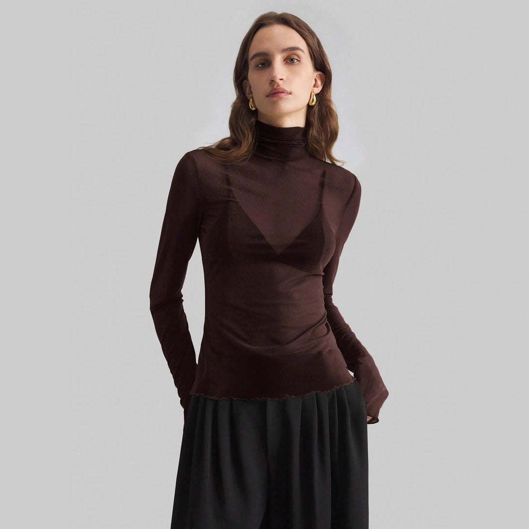 Damen nan feines transparentes Mesh-Langarmtop mit Rollkragen und figurbetonter Passform Echo Archiv