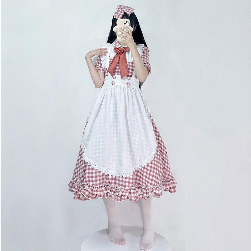 Damen nan vintage-inspiriertes Lolita-Kleid mit Karomuster Volants und abnehmbarer Schürze Echo Archiv