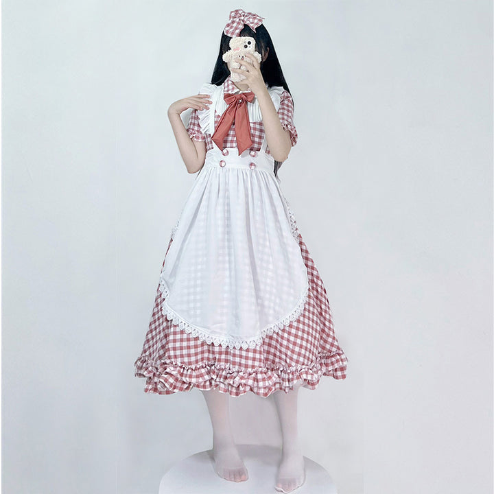 Damen nan vintage-inspiriertes Lolita-Kleid mit Karomuster Volants und abnehmbarer Schürze Echo Archiv