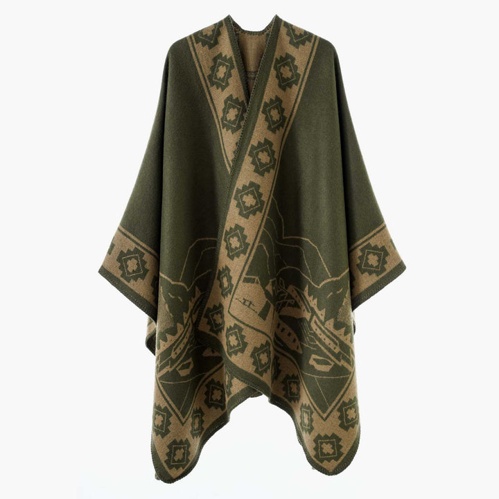 Damen Jacquard‑Strickponcho mit offenem Fall und Bordüren‑Detail Echo Archiv