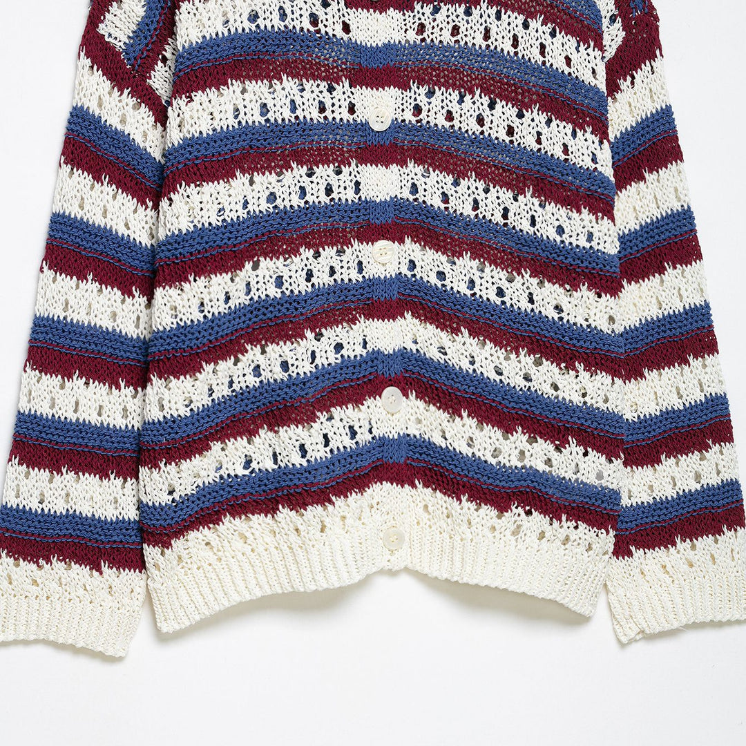 Damen Gehäkelter Cropped-Strickcardigan mit Lochstrick, Kontraststreifen und Perlmuttknöpfen Echoarchiv