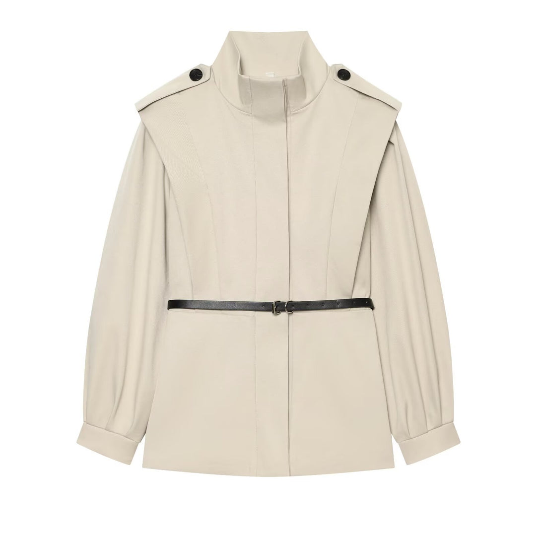 Damen Cape-ähnliche Manteljacke mit Stehkragen, Schulterklappen und Taillengürtel Echo Archiv