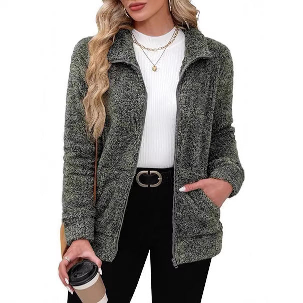Damen kuschelige Teddy-Fleecejacke mit durchgehendem Reißverschluss, Stehkragen und seitlichen Eingrifftaschen – Célinea
