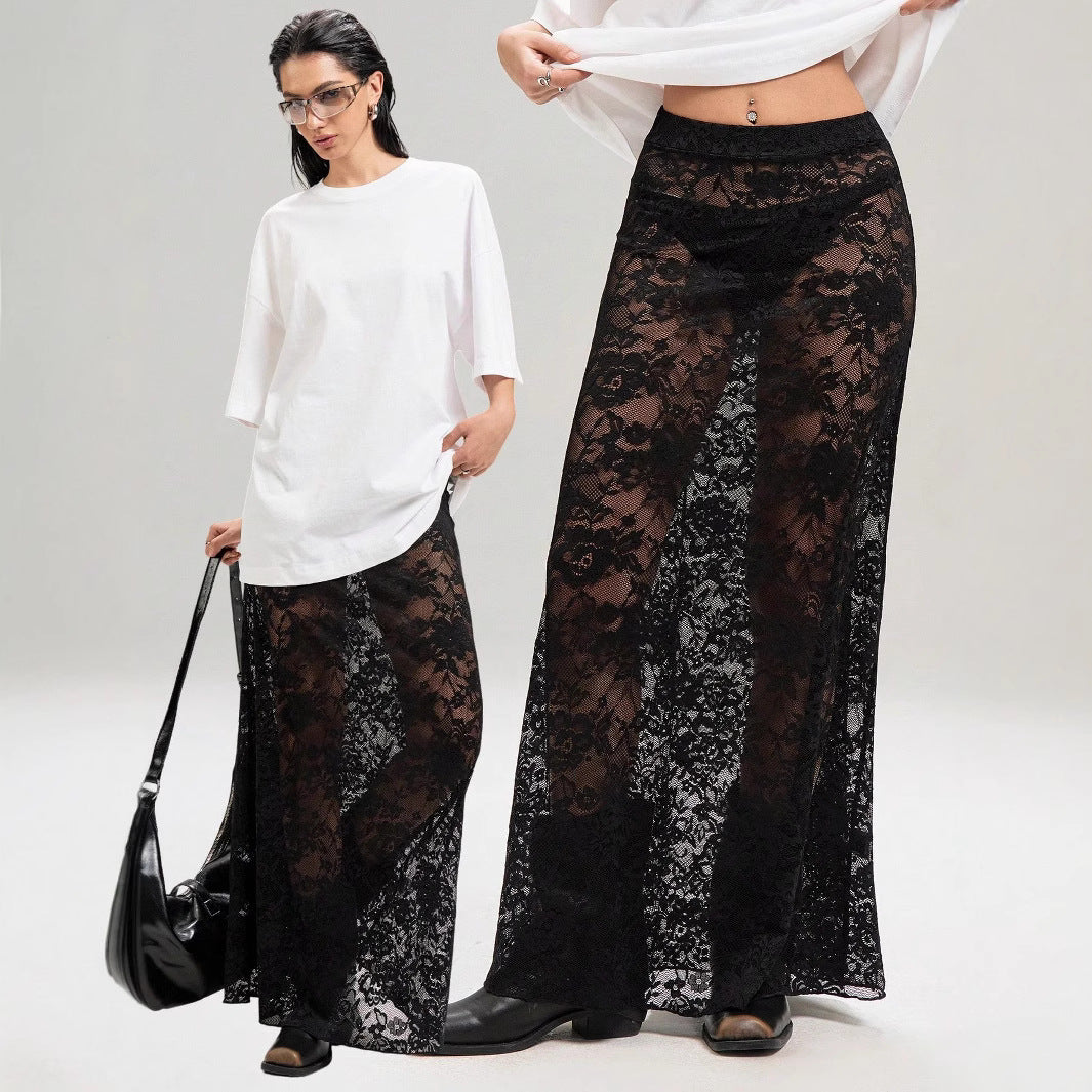 Damen nan weites Baumwollshirt und langer transparenter Spitzenrock Echo Archiv