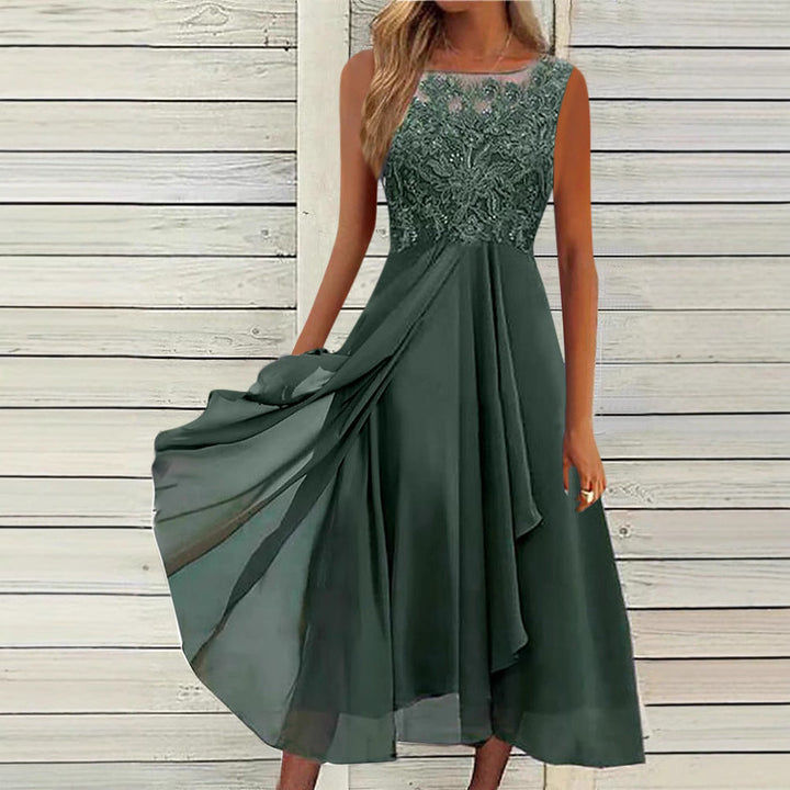 Damen nan ärmelloses Chiffon-Midikleid mit bestickter Illusionsspitze, Schiff-Ausschnitt und mehrlagigem Schwingrock Echoarchiv