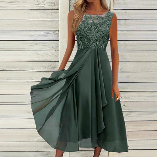 Damen nan ärmelloses Chiffon-Midikleid mit bestickter Illusionsspitze, Schiff-Ausschnitt und mehrlagigem Schwingrock Echoarchiv