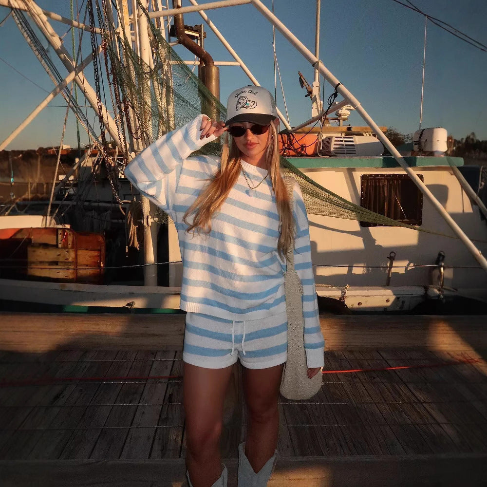 Damen nan gestreiftes Strick-Loungewear-Set mit weitem Pullover und Tunnelzug-Shorts Echo Archiv