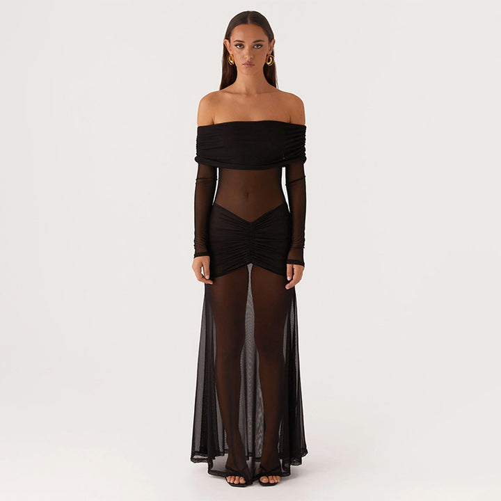 Damen durchsichtiges Maxikleid mit schulterfreiem Design und Rüschungen Echo Archiv