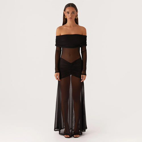Damen durchsichtiges Maxikleid mit schulterfreiem Design und Rüschungen Echo Archiv
