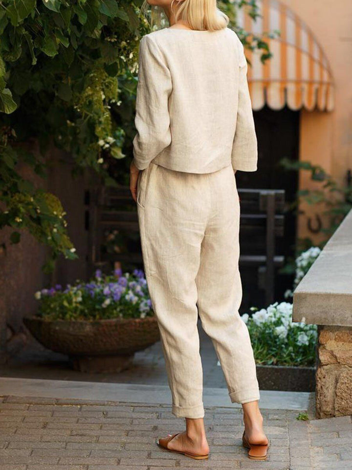 Damen Lässiges Leinen-Loungewear-Set mit Rundhalsausschnitt, Bindegürtel und knöchellanger Hose – Élanora