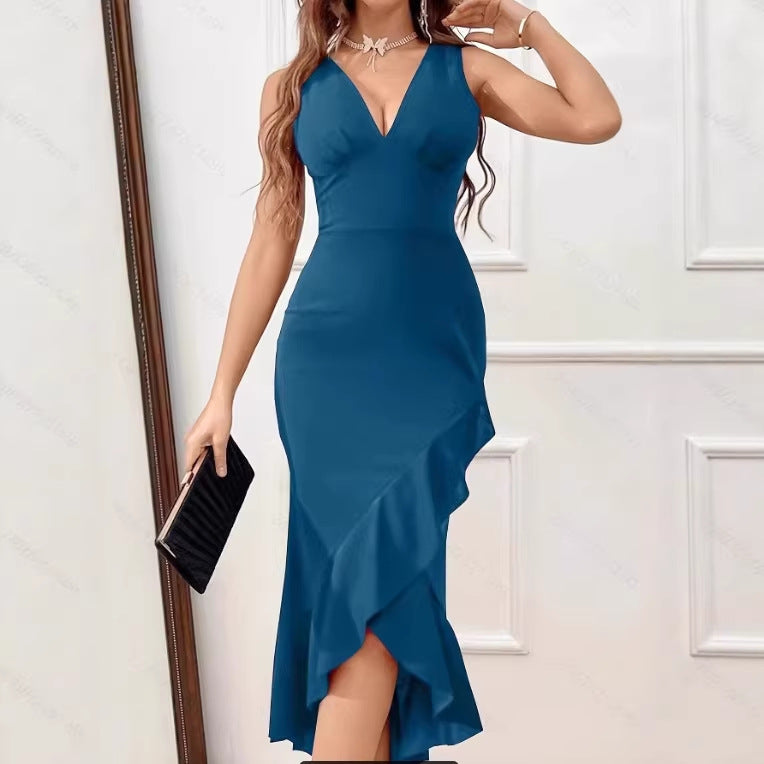 Damen Midikleid mit V-Ausschnitt und asymmetrischem Rüschensaum Echo Archiv