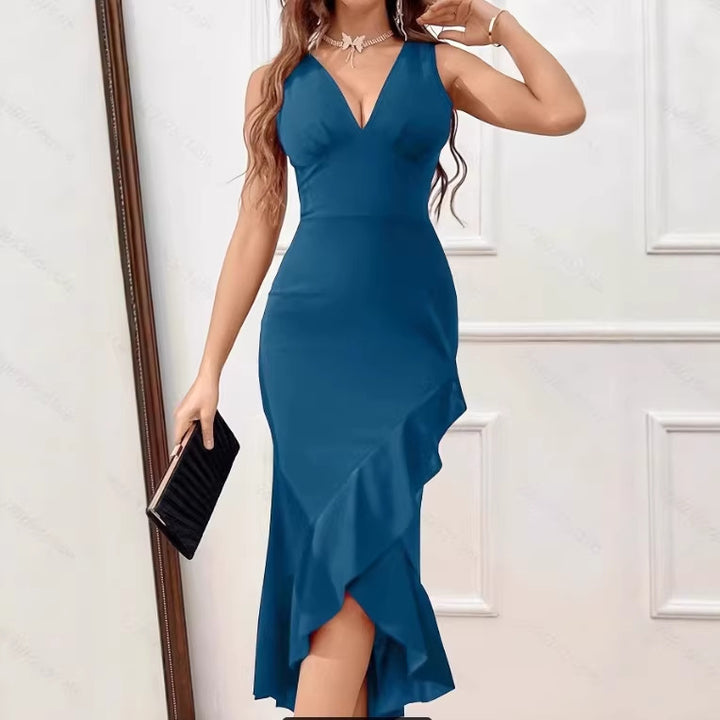 Damen Midikleid mit V-Ausschnitt und asymmetrischem Rüschensaum Echo Archiv