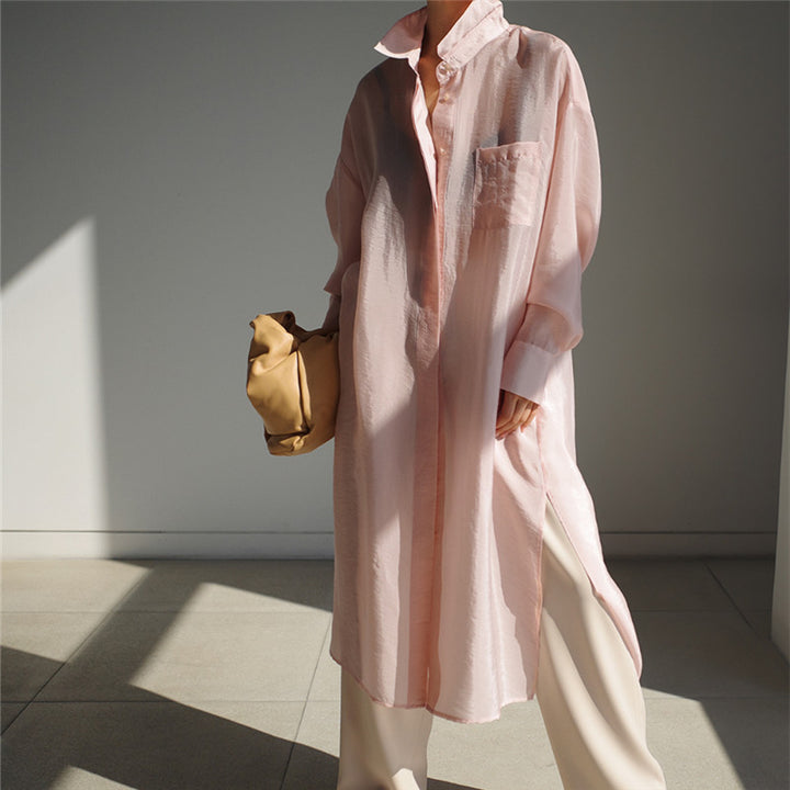 Damen Weites Oversize-Hemdblusenkleid mit Brusttasche und hohen Seitenschlitzen – Lunéa