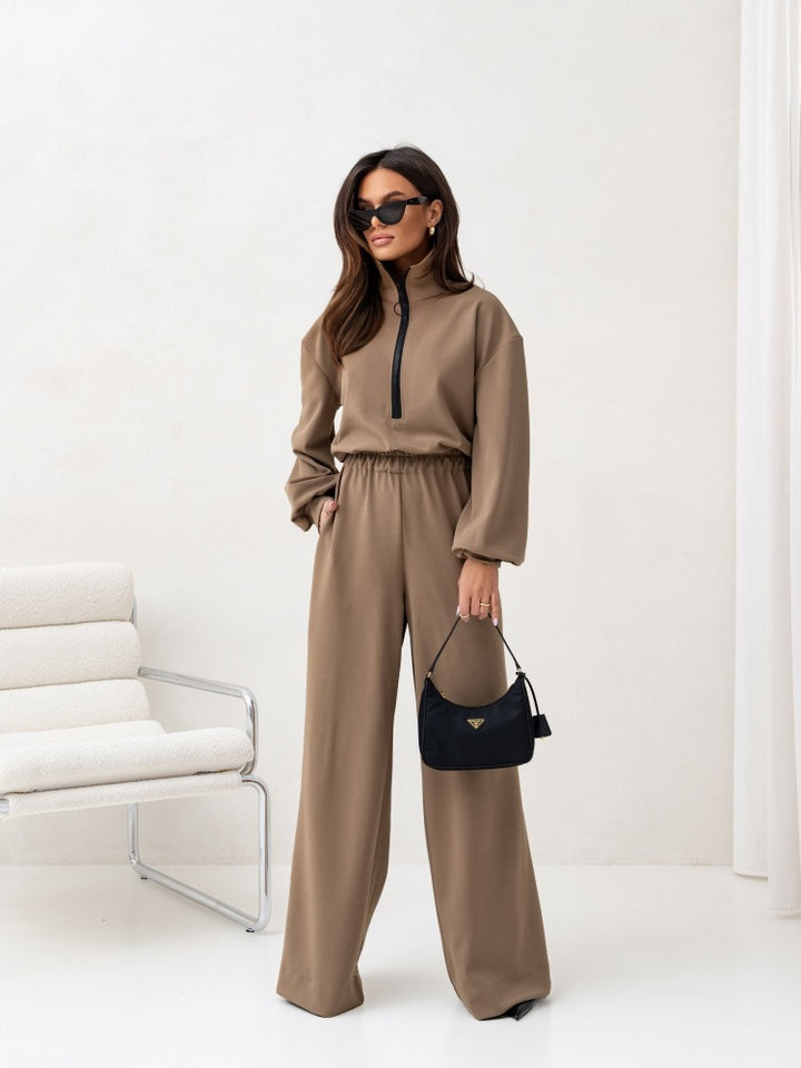 Damen relaxed-fit Zip-Pullover mit elastischem Taillenbund und extraweiter Palazzo-Hose Zweiteiler – Élanora