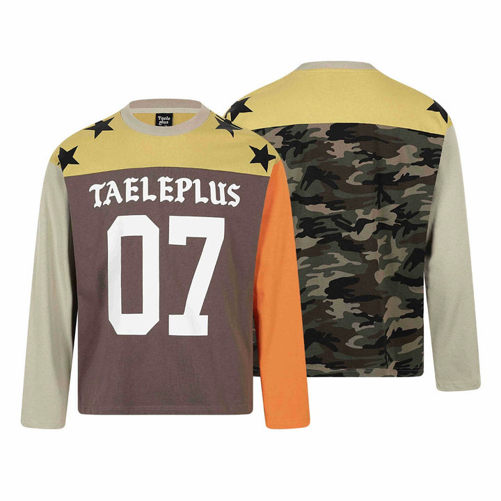 Unisex Langarmshirt im Vintage-Sportstil mit Nummernprint und Stern-Applikationen Echoarchiv