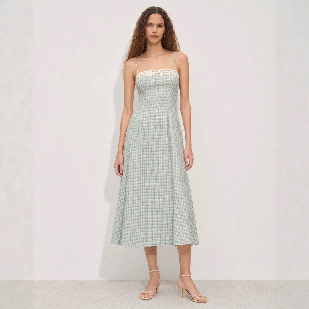 Damen nan Vintage-inspiriertes Midikleid mit schmalen Spaghettiträgern, Spitzenpassé und ausgestelltem Tellerrock Echo Archiv